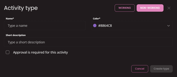 activity type create modal